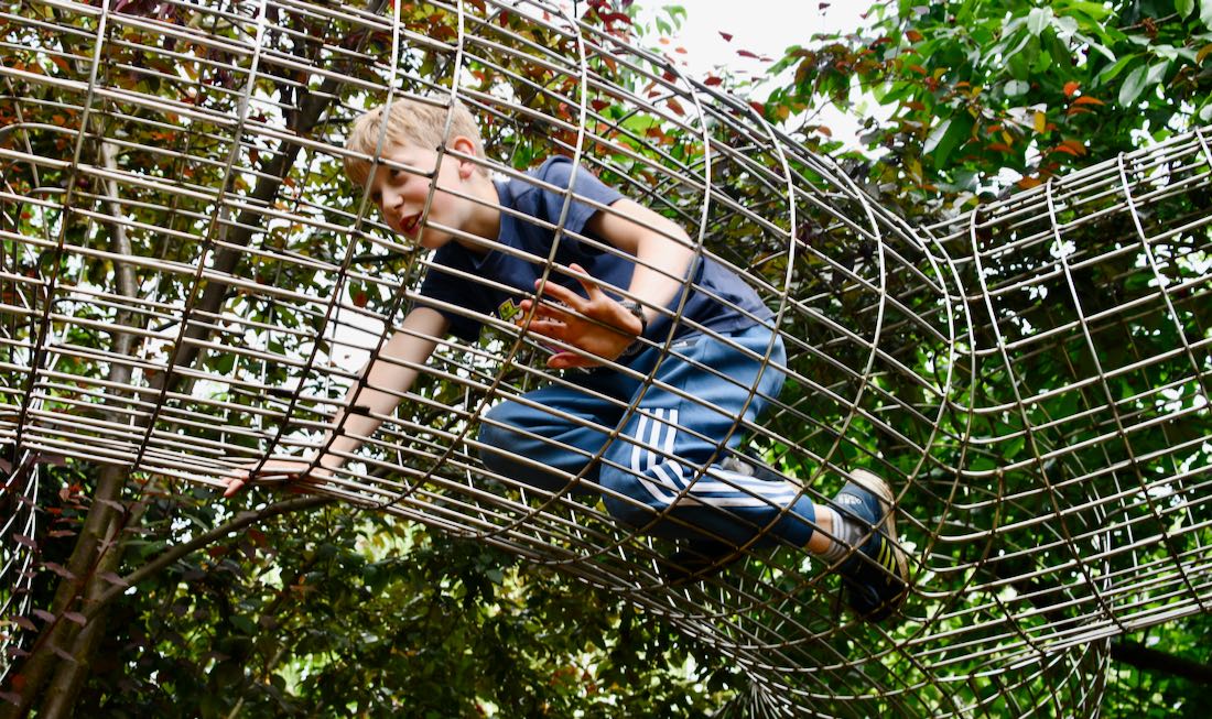 Ben krabbelt durch einen Gang über den Bäumen