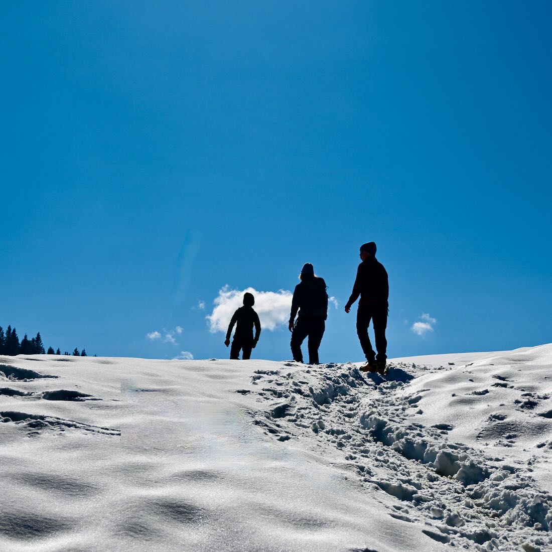 Ben, Flo und Melanie im Schnee an der Lenggrieser Hütte