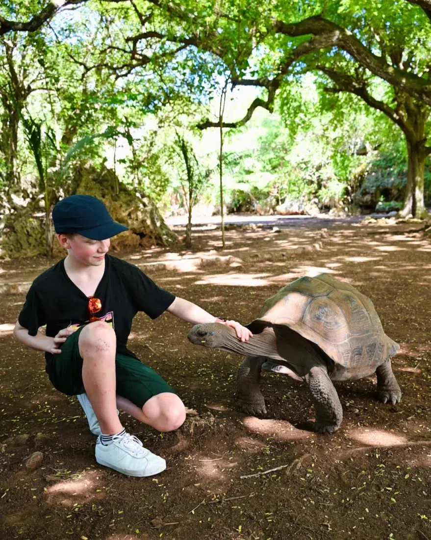 Ben mit Schildkröte im Francois Leguat Reserve
