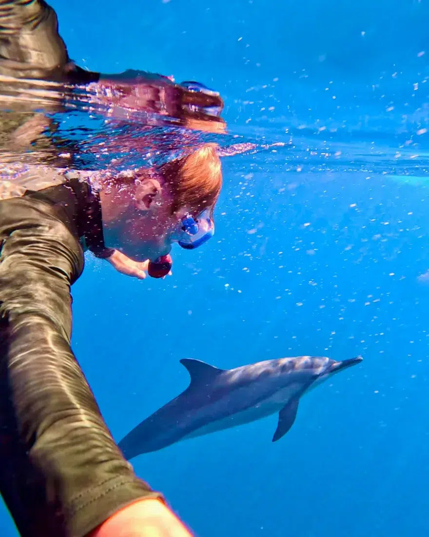 Flo mit einem Delfin auf Mauritius